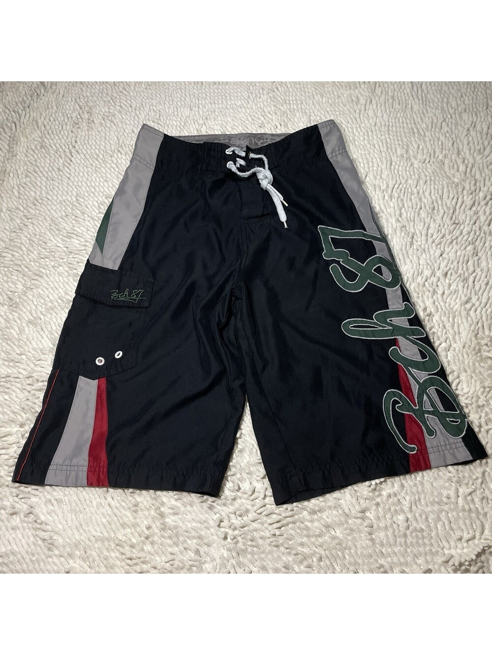 Vtg Bench 87 Board Shorts Mens S Green Black Gray Y2K Gorpcore Spellout
